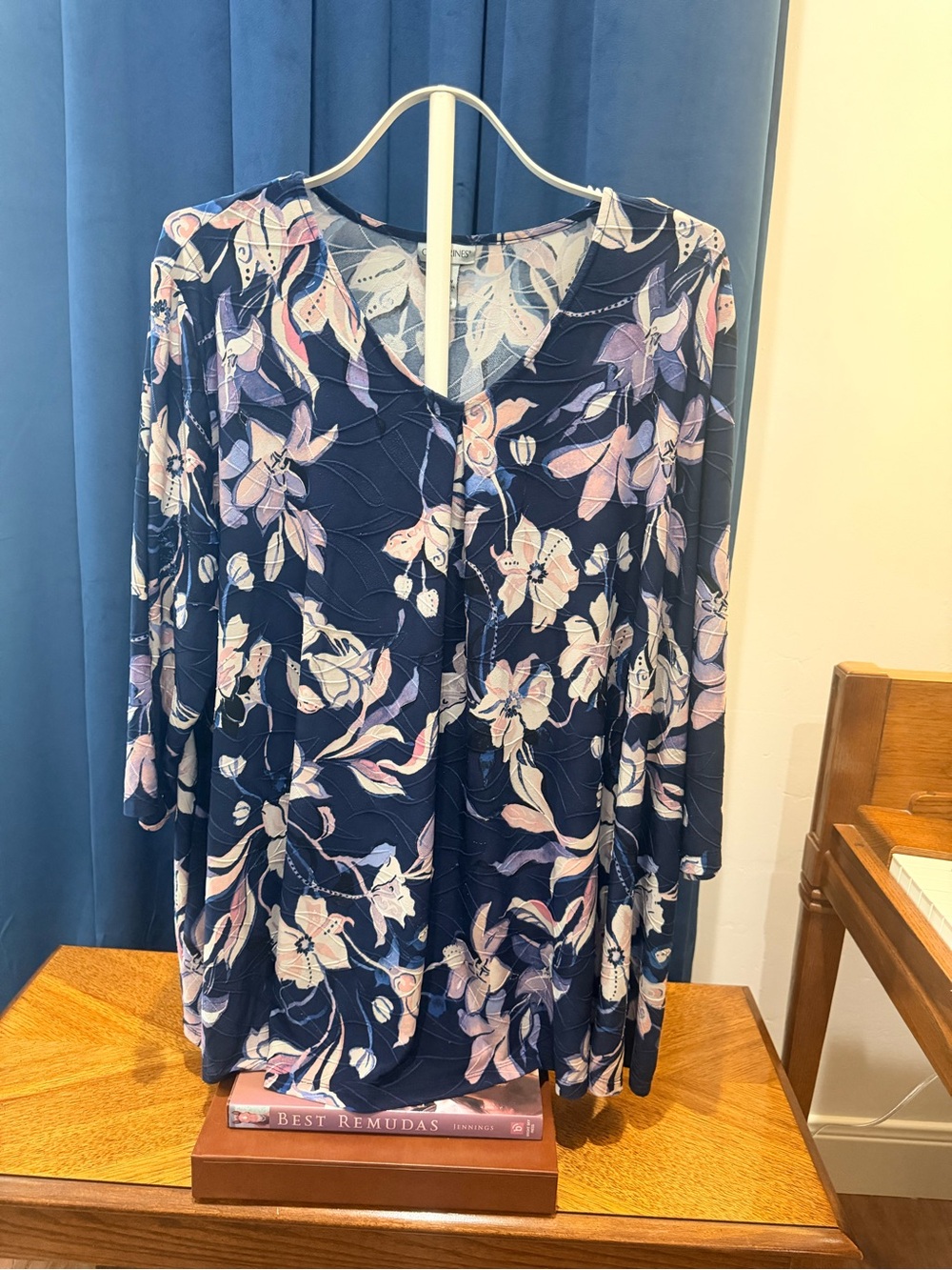 Catherines Navy Floral Long Sleeve V-Neck Top